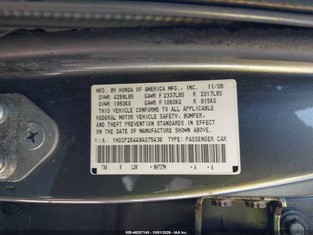 46257145 :رقم المزاد ، 1HGCP26449A075436 vin ، 2009 Honda Accord 2.4 Lx-p مزاد بيع