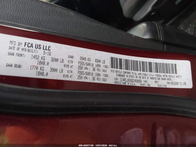 2016 Dodge Durango Sxt მანქანა იყიდება აუქციონზე, vin: 1C4RDJAG9GC459954, აუქციონის ნომერი: 46257159