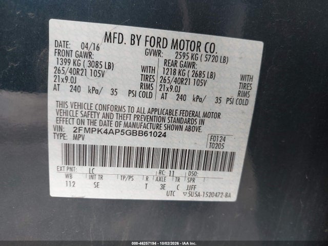 2016 Ford Edge Sport მანქანა იყიდება აუქციონზე, vin: 2FMPK4AP5GBB61024, აუქციონის ნომერი: 46257194