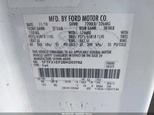 46257199 :رقم المزاد ، 1FTFX1EF2BKD03782 vin ، 2011 Ford F-150 Xlt مزاد بيع