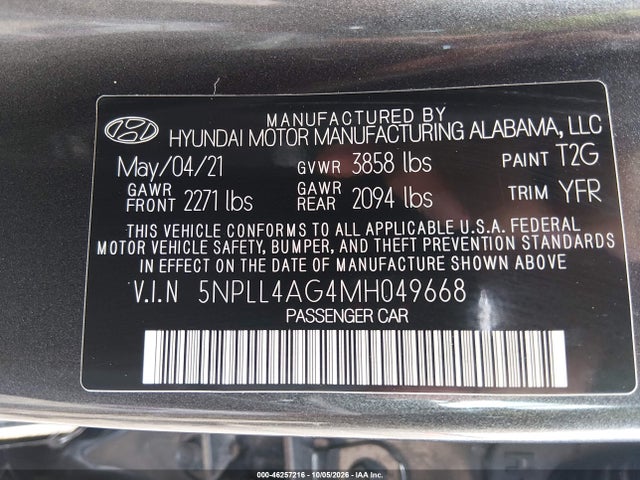Aukcja sprzedaży 2021 Hyundai Elantra Se, vin: 5NPLL4AG4MH049668, numer aukcji: 46257216