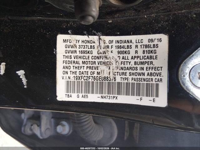 Продаж на аукціоні авто 2016 Honda Civic Ex, vin: 19XFC2F76GE088376, номер лоту: 46257232