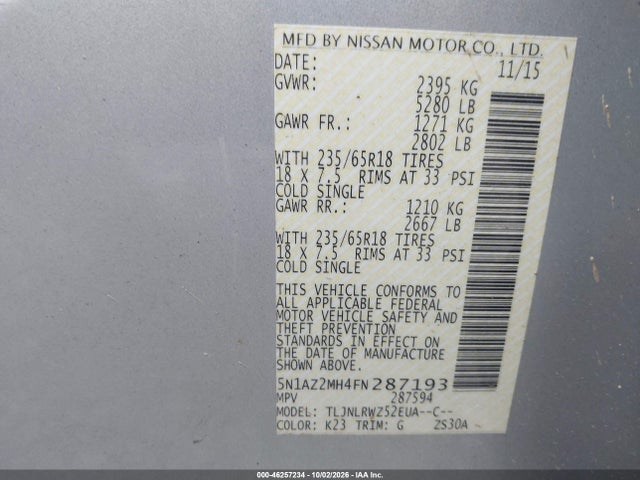 Aukcja sprzedaży 2015 Nissan Murano Sl, vin: 5N1AZ2MH4FN287193, numer aukcji: 46257234