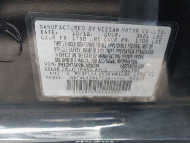 Продажа на аукционе авто 2019 Nissan Versa 1.6 S+, vin: 3N1CN7AP2KL822004, номер лота: 46257239