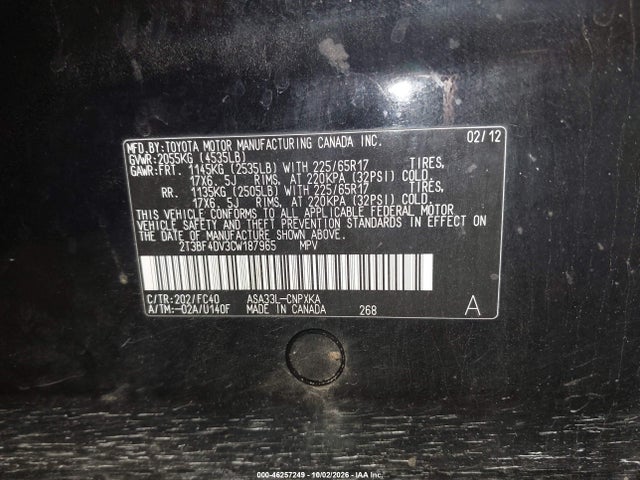 46257249 :رقم المزاد ، 2T3BF4DV3CW187965 vin ، 2012 Toyota Rav4 مزاد بيع