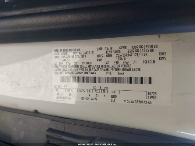 Aukcja sprzedaży 2019 Ford Transit-350, vin: 1FTBW2UG2KKB07343, numer aukcji: 46257257