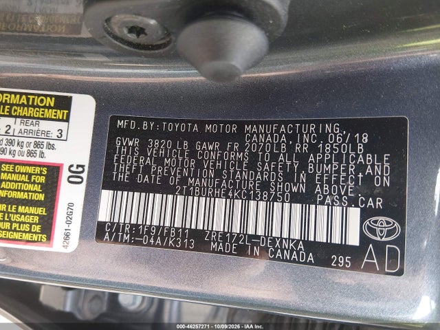 46257271 :رقم المزاد ، 2T1BURHE4KC138750 vin ، 2019 Toyota Corolla Le مزاد بيع