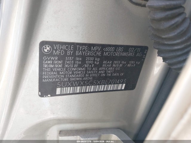 Aukcja sprzedaży 2011 Bmw X3 Xdrive28i, vin: 5UXWX5C5XBL701493, numer aukcji: 46257278