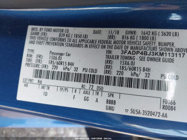46257320 :رقم المزاد ، 3FADP4BJ3KM113117 vin ، 2019 Ford Fiesta Se مزاد بيع