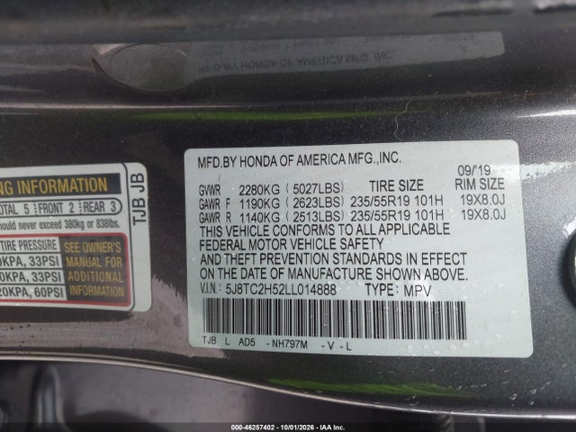 Aukcja sprzedaży 2020 Acura Rdx Technology Package, vin: 5J8TC2H52LL014888, numer aukcji: 46257402