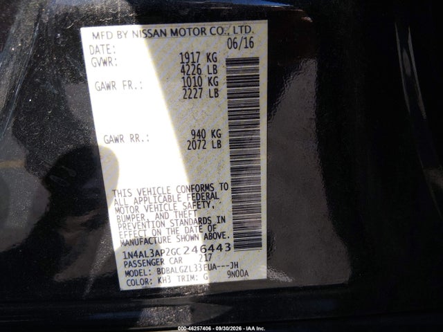 Aukcja sprzedaży 2016 Nissan Altima 2.5 S, vin: 1N4AL3AP2GC246443, numer aukcji: 46257406