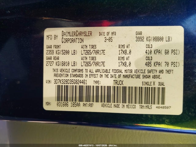 Продаж на аукціоні авто 2005 Dodge Ram 2500 Slt/laramie, vin: 3D7KS28D35G824461, номер лоту: 46257413