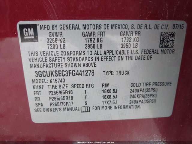 2015 Chevrolet Silverado 1500 1lz მანქანა იყიდება აუქციონზე, vin: 3GCUKSEC3FG441278, აუქციონის ნომერი: 46257430