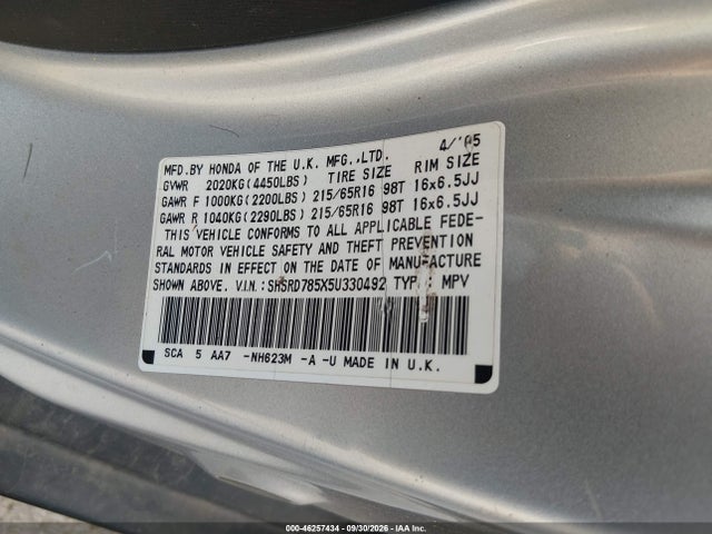 Aukcja sprzedaży 2005 Honda Cr-v Lx, vin: SHSRD785X5U330492, numer aukcji: 46257434