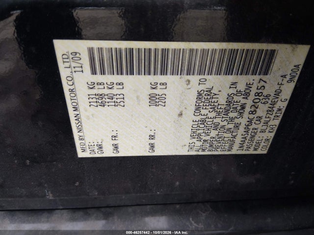46257442 :رقم المزاد ، 1N4AA5AP6AC820857 vin ، 2010 Nissan Maxima 3.5 Sv مزاد بيع