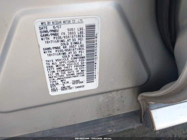 46257445 :رقم المزاد ، JN8AZ08W07W661199 vin ، 2007 Nissan Murano Sl مزاد بيع