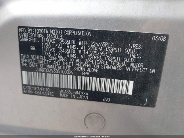 2008 Toyota Rav4 მანქანა იყიდება აუქციონზე, vin: JTMZD33V385100029, აუქციონის ნომერი: 46257448