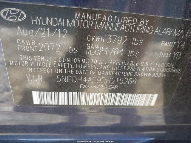46257484 :رقم المزاد ، 5NPDH4AE9DH215266 vin ، 2013 Hyundai Elantra Gls مزاد بيع