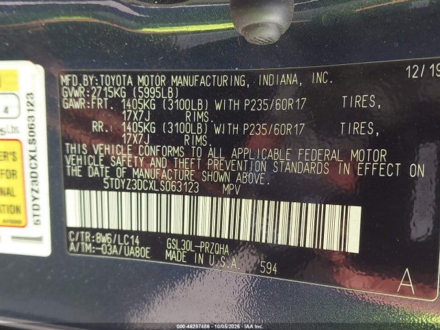 Aukcja sprzedaży 2020 Toyota Sienna Xle Premium, vin: 5TDYZ3DCXLS063123, numer aukcji: 46257486