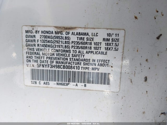 Продажа на аукционе авто 2012 Honda Pilot Touring, vin: 5FNYF3H98CB008410, номер лота: 46257494