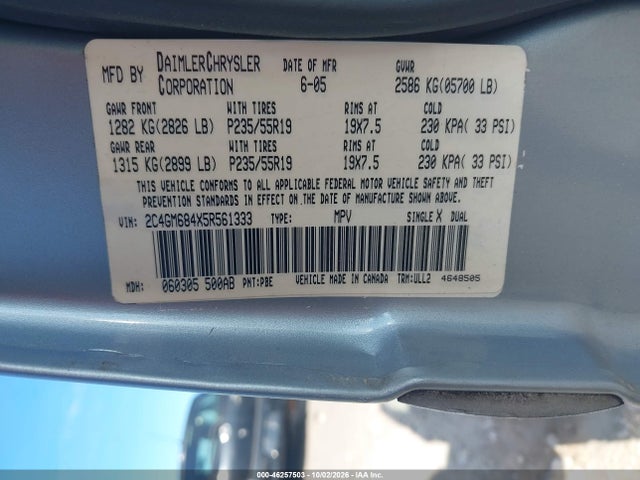 Aukcja sprzedaży 2005 Chrysler Pacifica Touring, vin: 2C4M684X5R561333, numer aukcji: 46257503