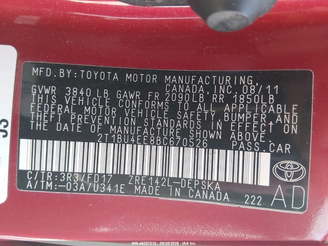 Aukcja sprzedaży 2011 Toyota Corolla S, vin: 2T1BU4EE8BC670526, numer aukcji: 46257510