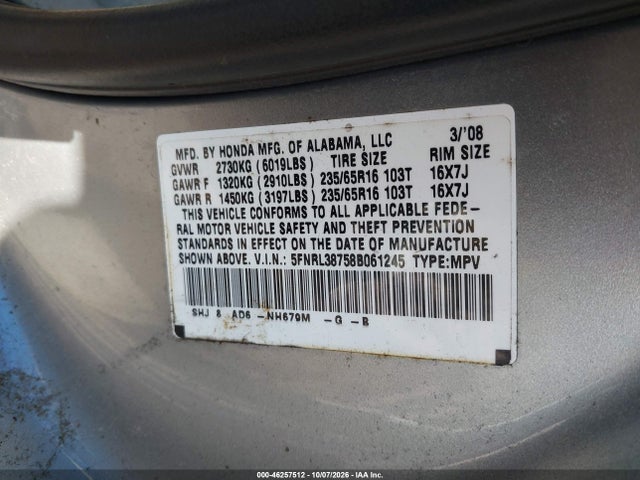 Aukcja sprzedaży 2008 Honda Odyssey Ex-l, vin: 5FNRL38758B061245, numer aukcji: 46257512