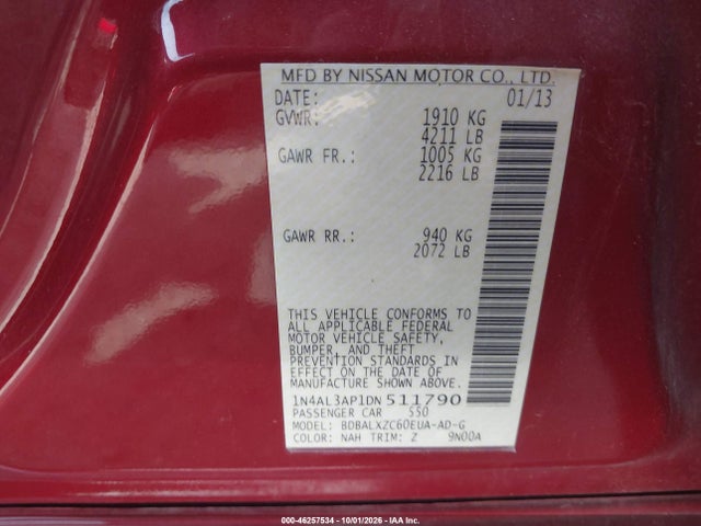 Продаж на аукціоні авто 2013 Nissan Altima 2.5 Sl, vin: 1N4AL3AP1DN511790, номер лоту: 46257534