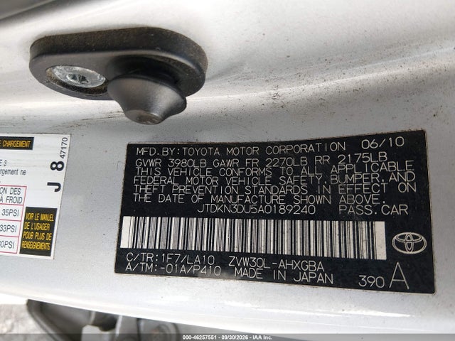 46257551 :رقم المزاد ، JTDKN3DU5A0189240 vin ، 2010 Toyota Prius Iv مزاد بيع