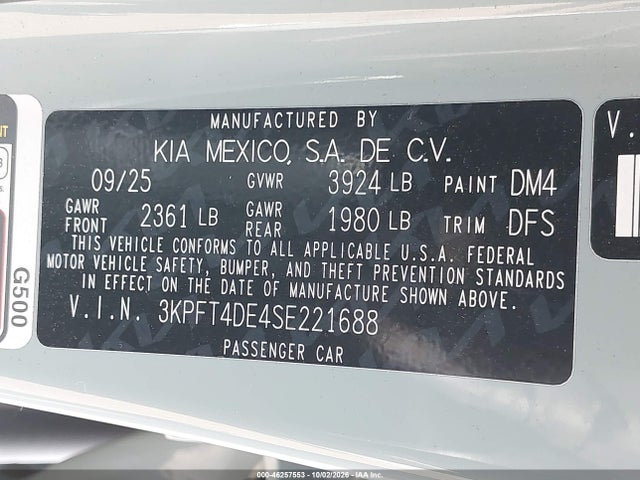 2025 Kia K4 Lxs მანქანა იყიდება აუქციონზე, vin: 3KPFT4DE4SE221688, აუქციონის ნომერი: 46257553