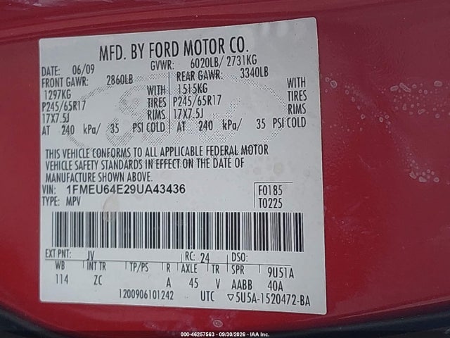 2009 Ford Explorer Eddie Bauer მანქანა იყიდება აუქციონზე, vin: 1FMEU64E29UA43436, აუქციონის ნომერი: 46257563