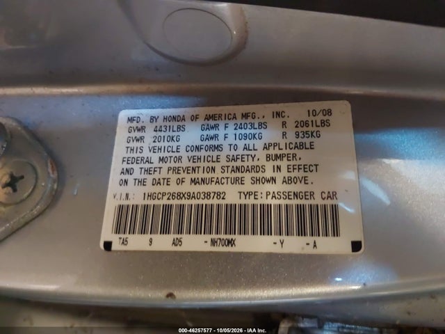 Продаж на аукціоні авто 2009 Honda Accord 2.4 Ex-l, vin: 1HGCP268X9A038782, номер лоту: 46257577