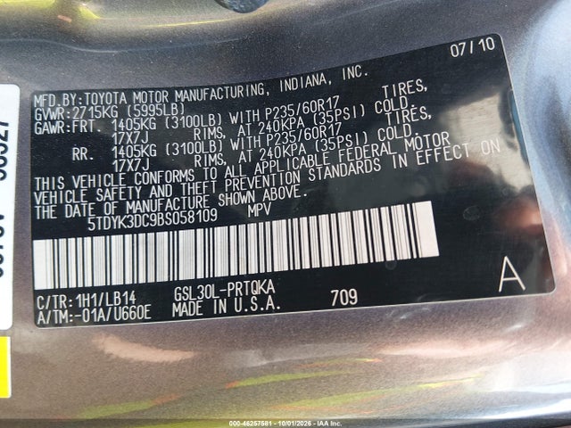 46257581 :رقم المزاد ، 5TDYK3DC9BS058109 vin ، 2011 Toyota Sienna Xle V6 مزاد بيع