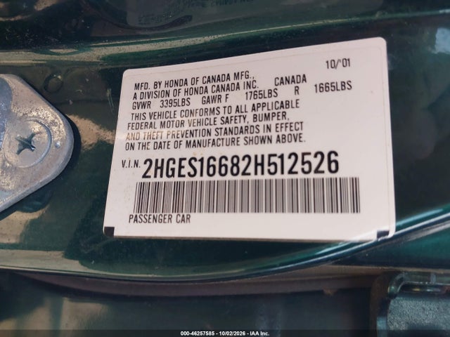 Aukcja sprzedaży 2002 Honda Civic Lx, vin: 2HGES16682H512526, numer aukcji: 46257585