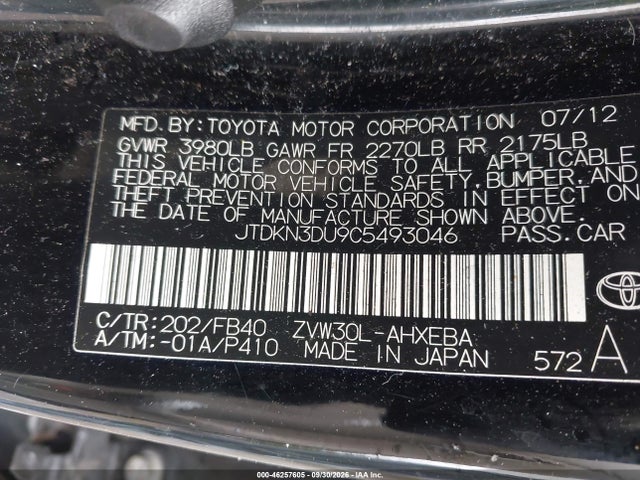 Aukcja sprzedaży 2012 Toyota Prius Three, vin: JTDKN3DU9C5493046, numer aukcji: 46257605