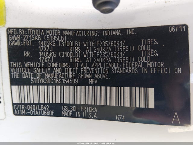 46257623 :رقم المزاد ، 5TDYK3DC1BS154509 vin ، 2011 Toyota Sienna Xle V6 مزاد بيع