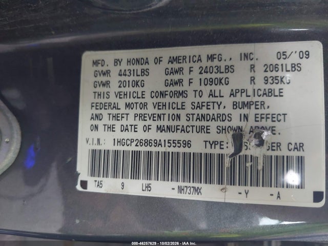 Aukcja sprzedaży 2009 Honda Accord 2.4 Ex-l, vin: 1HGCP26869A155596, numer aukcji: 46257629