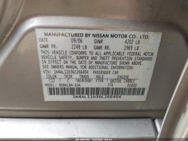 Auction sale of the 2006 Nissan Altima 2.5 S, vin: 1N4AL11D36C266404, lot number: 46257650