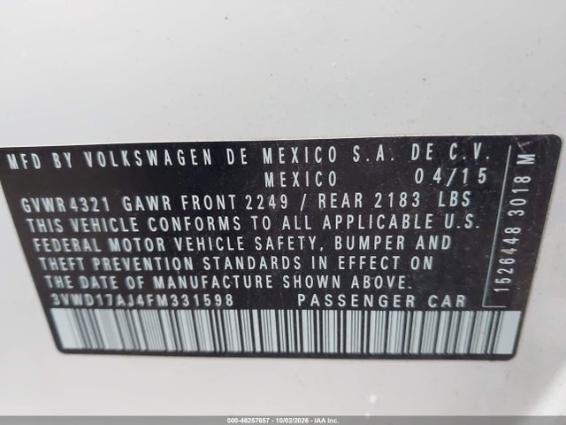 Aukcja sprzedaży 2015 Volkswagen Jetta 1.8t Se, vin: 3VWD17AJ4FM331598, numer aukcji: 46257657