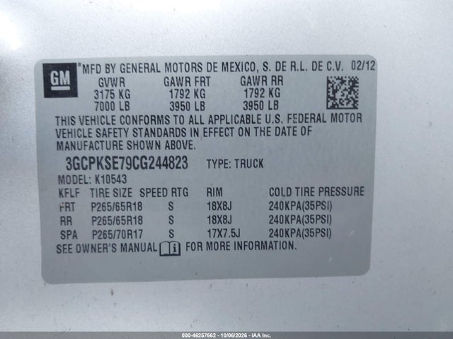 Aukcja sprzedaży 2012 Chevrolet Silverado 1500 Lt, vin: 3GCPKSE79CG244823, numer aukcji: 46257662