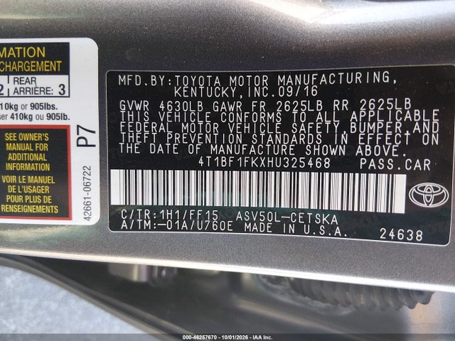 Продажа на аукционе авто 2017 Toyota Camry Se, vin: 4T1BF1FKXHU325468, номер лота: 46257670