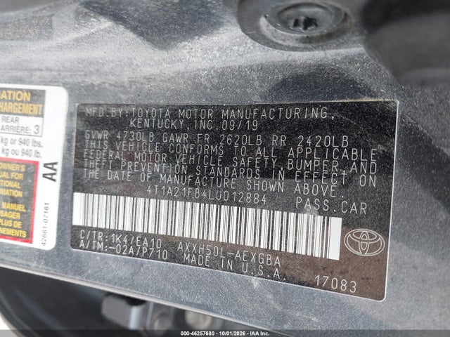 46257680 :رقم المزاد ، 4T1A21FB4LU012884 vin ، 2020 Toyota Avalon Hybrid Xle مزاد بيع