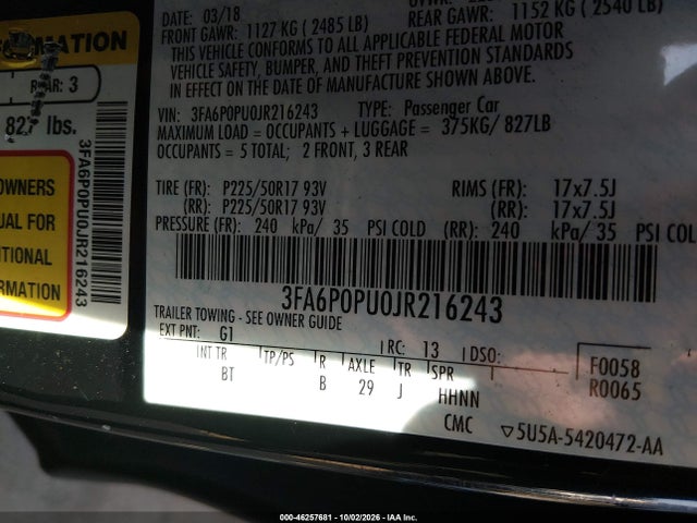 Продаж на аукціоні авто 2018 Ford Fusion Energi Se Luxury, vin: 3FA6P0PU0JR216243, номер лоту: 46257681