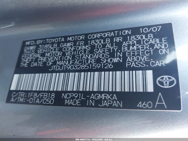 Aukcja sprzedaży 2008 Toyota Yaris, vin: JTDJT903285159126, numer aukcji: 46257714