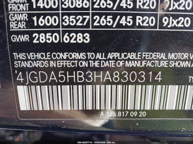 Aukcja sprzedaży 2017 Mercedes-benz Gle 350 4matic, vin: 4JGDA5HB3HA830314, numer aukcji: 46257715