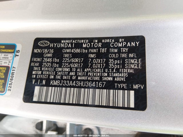 Продажа на аукционе авто 2017 Hyundai Tucson Se Plus, vin: KM8J33A43HU364167, номер лота: 46257723