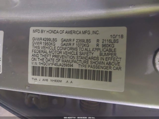 Продажа на аукционе авто 2018 Honda Accord Ex, vin: 1HGCV1F45JA259594, номер лота: 46257741