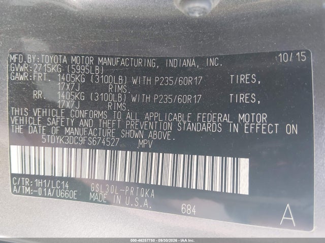 Aukcja sprzedaży 2015 Toyota Sienna Xle Premium 8 Passenger, vin: 5TDYK3DC9FS674527, numer aukcji: 46257750