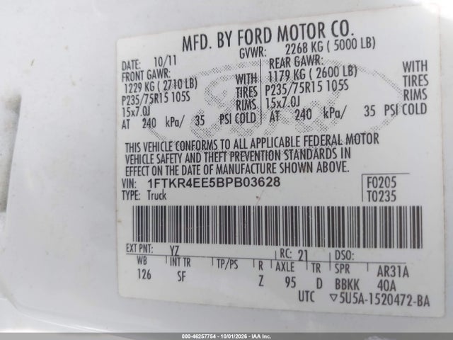 2011 Ford Ranger Sport მანქანა იყიდება აუქციონზე, vin: 1FTKR4EE5BPB03628, აუქციონის ნომერი: 46257754