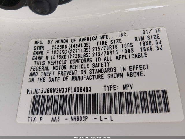 46257765 :رقم المزاد ، 5J6RM3H33FL008493 vin ، 2015 Honda Cr-v Lx مزاد بيع